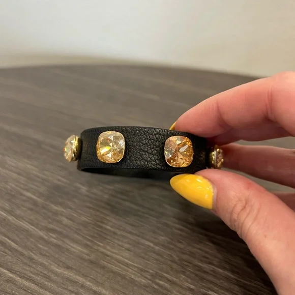 Swarovski Yellow Amber Crystal Genuine Black Leather Gold Buckle Bracelet - Picture 2 of 6
